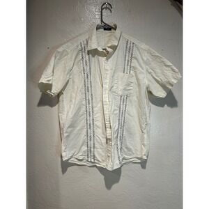 COOFANDY Mens Cream Embroidered Guayabera Style Short Sleeve Button Down Shirt L